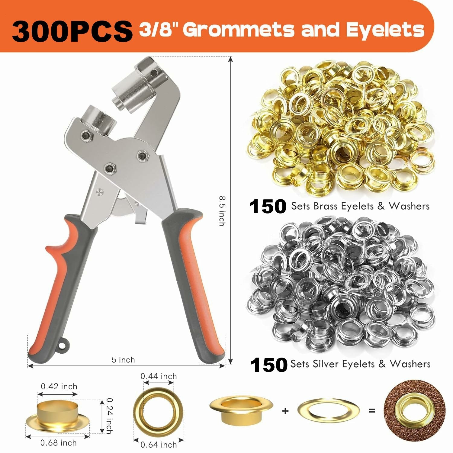 Grommet Puncher Tool + 300 Grommets (150 Gold  150 Silver)